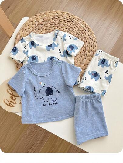 Baby Boy Cute Elephant Print Summer Casual, Comfortable & Skin-Friendly Short Sleeve Shorts Knitted Home Pajamas Set Of 4 Graphic