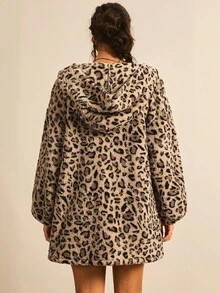 SHEIN LUNE 大码女式豹纹双面蓬松连帽夹克 - 彩色 - 查看 2