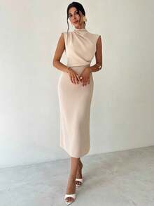 Firerie Women's Elegant Casual Everyday Commute Holiday Fashion New Stand Collar Drape Sleeve Waist Cinched Apricot Dress, Summer Bride