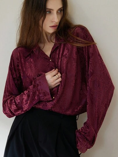 Aveloria Modichic Burgundy Velvet Long Sleeve Jacquard Casual Loose Blouse For Women