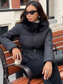 DAZY Women's Autumn/Winter Fitted Padded Coat With Furry Collar And Waist Drawstring Jacket - Black - View 16