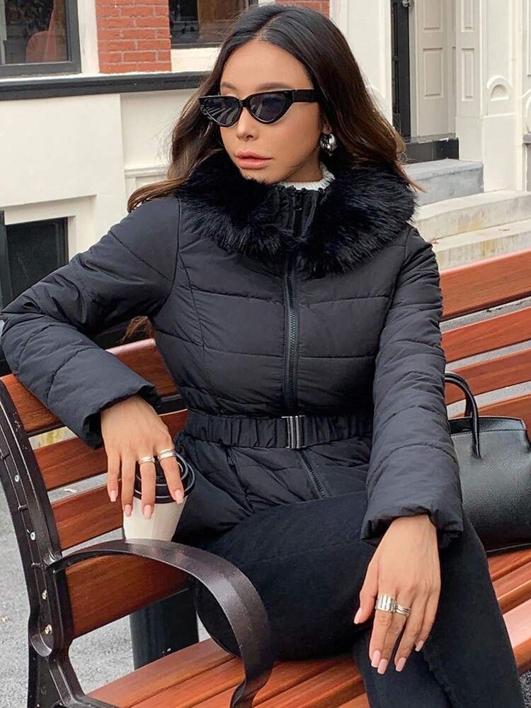 Women's Autumn/Winter Fitted Padded Coat With Furry Collar And Waist Drawstring Jacket