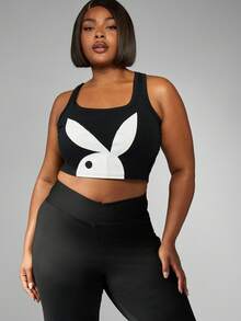 MISSGUIDED PLUS x Playboy Plus Size Bunny Logo Tank Top Sleeveless Stretch Fit Crop Length Racerback Streetwear Festival Fashion Statement Summer Fall Spring - Black - View 5