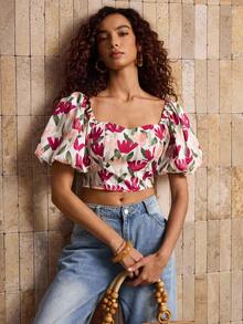 Glamance Kays Illustrations Women's Fashion Sweetheart Collar Printed Short Blouse Going Out Fall Elegant Blouses Casual - Multicolor - View 3