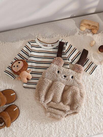 SHEIN 男婴圆领条纹针织上衣，可爱动物脸刺绣 3D 耳朵毛绒面料长袖套装，秋冬