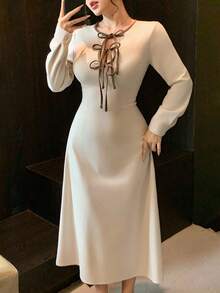DAZY Women's Elegant Contrast Color Tie Waist Mid-Length Dress, Autumn Maxi Dress - Beige - View 6