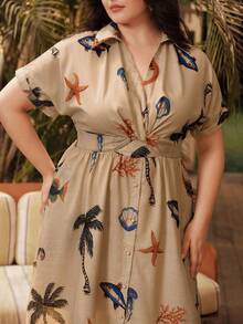 Anewsta Robe mi-longue d'été pour grandes tailles, nouvelle conception, vacances, imprimé, col V, taille vrillée - Voir 6