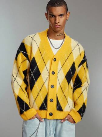 Street Life Cardigan uomo in maglia jacquard, maglione corto e ampio, autunno inverno