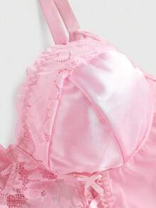 ROMWE Kawaii Bộ đồ lót gợi cảm cỡ lớn với ren và lưới phối hợp, thắt nơ. - Hồng - Xem 4