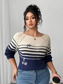 Elenzga 全新加大码乡村休闲优雅撞色条纹刺绣花朵圆领长袖针织毛衣 - 彩色 - 查看 7