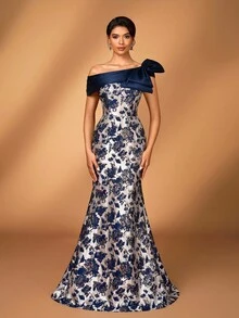 Serin Elegant Luxurious Jacquard Satin Off Shoulder Sleeve Mermaid Dress, Suitable For Weddings, Parties, Vacations, Balls, Bride Mother Evening Gowns - Navy Blue - View 4