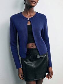 Maija 1 件女式修身短款性感长袖金属针织开衫，适合初秋返校季和过渡天气、秋季、冬季、夜间外出、外出上衣女士、夜间外出、约会之夜、老钱风格 - 藏蓝色 - 查看 8