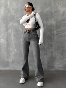 EURMUSE Women's High Waist Distressed Flare Long Jeans - Grey - View 5