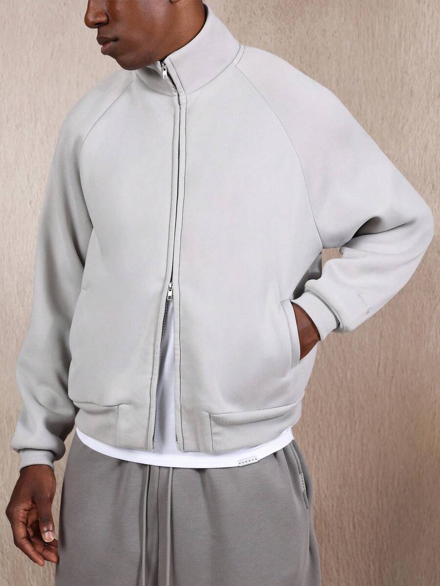 SUMWON Áo khoác Jersey Boxy Fit có khóa kéo phía trước, dày dặn, mặc mùa đông, mặc thường ngày, có khóa kéo cơ bản, trang phục lớp thiết yếu - Xám - Xem 1