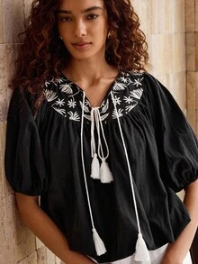 Glamance Vecteezy Women's Floral Embroidery Tassel Tie Neck Loose Blouse With Puff Sleeves, Vacation Style Going Out Fall Elegant Blouses Casual - Black - View 5