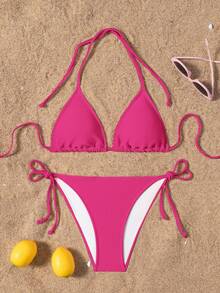 SHEIN Swim 2025 女款夏季海灘素色掛脖綁帶性感比基尼泳衣套裝 - 玫紅色 - 查看 1