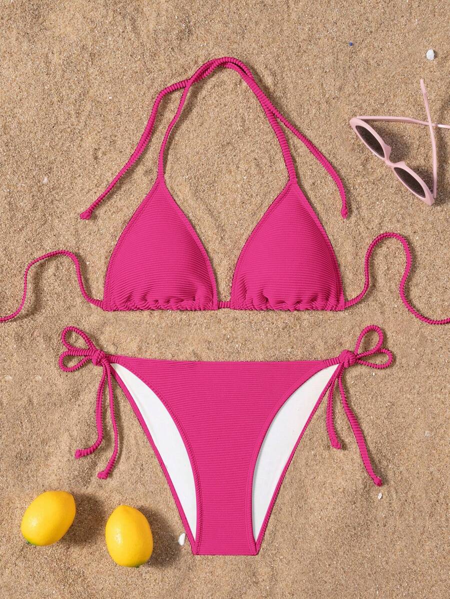 SHEIN Swim 2025 女款夏季海灘素色掛脖綁帶性感比基尼泳衣套裝 - 玫紅色 - 查看 1
