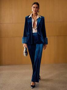 MOTF PREMIUM VELVET CONTRAST FAUX FUR STRUCTURED BLAZER, AUTUMN/WINTER - Blue - View 1