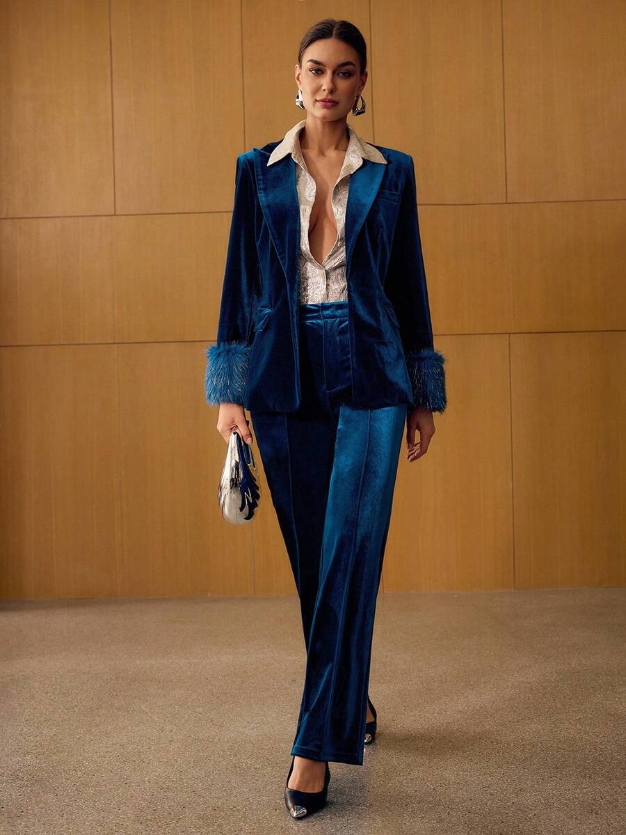 MOTF PREMIUM VELVET CONTRAST FAUX FUR STRUCTURED BLAZER, AUTUMN/WINTER - Blue - View 1