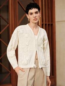 Uhlyne Cardigan bianco vintage francese da donna in maglia, con motivo a trecce e fiori 3D all'uncinetto, adatto per Ognissanti, primavera/autunno/inverno, stile vintage, abbigliamento da lavoro, ufficio, insegnante, ritorno a scuola, autunno, casual business, stile old money, preppy accademica - Albicocca - Visualizzare 8