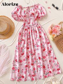 少女花卉图案腰部修身长裙，度假优雅甜美风格 - 粉色 - 查看 1