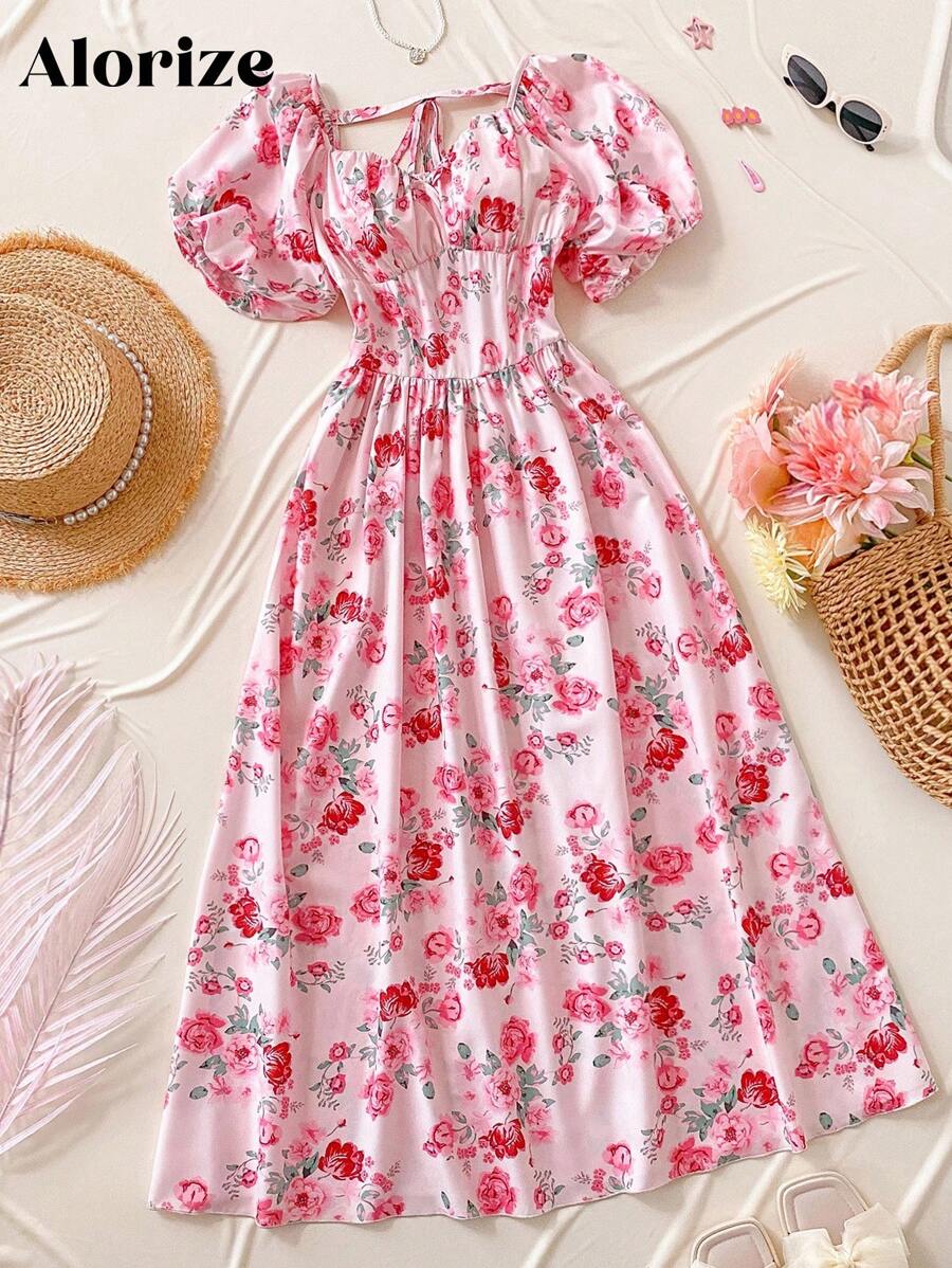 少女花卉图案腰部修身长裙，度假优雅甜美风格 - 粉色 - 查看 1