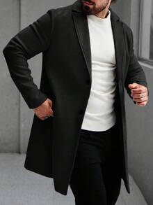 Manfinity Mode 男士纯色口袋纽扣长袖大衣，秋季服装，冬季