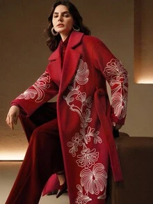 Anewsta 女士优雅长款刺绣羊毛大衣，翻领设计，适合通勤和秋季穿着 - 紅色 - 查看 1