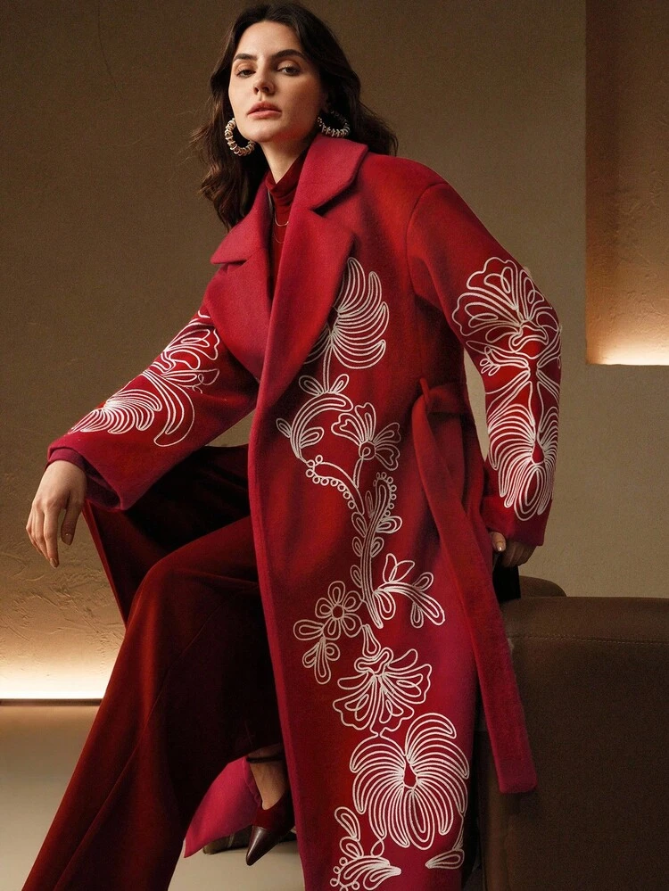女性用エレガントな刺繍入りウールロングコート、ターンダウンカラー、通勤に適しています、秋