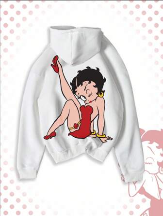 Betty Boop | ROMWE Sudadera con capucha con cordón y gráfico de figura de dibujos animados para hombre, color blanco