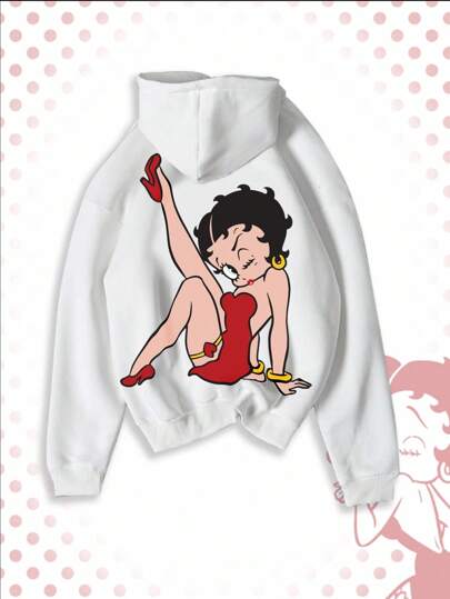 Betty Boop | ROMWE Felpa con cappuccio bianca con grafica a figura di cartone animato e laccio, per uomo