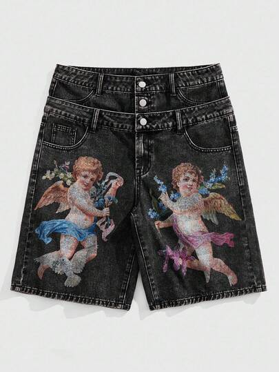 Street Life شورتات جينز كاجوال مع جيب وخصر بطبعة ملاك للرجال