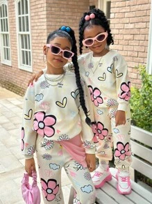 2 件套年轻女孩宽松休闲舒适圆领花卉印花运动衫和裤子套装，秋冬 - 杏色 - 查看 3