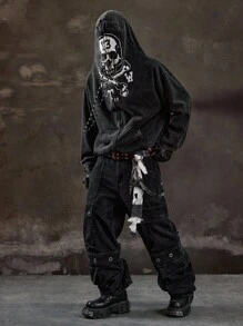 ROMWE MEN Street Life Men's Dark Style Skull Print Zip-Up Hoodie Jacket, Fall - Black - View 6