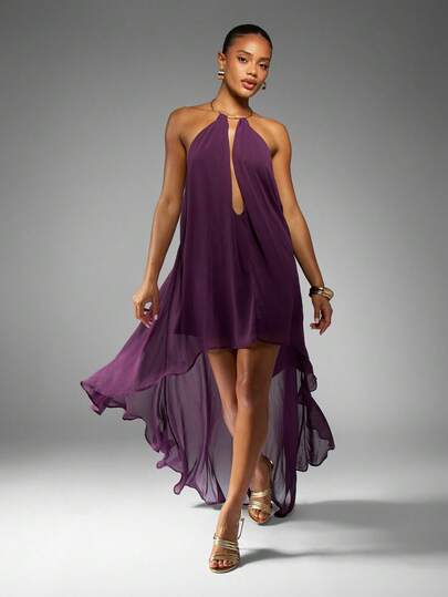 MISSGUIDED High Low Chiffon Evening Maxi Dress Draped Halter Neck Formal Wedding Guest Summer Special Occasion Flowing Party Prom Gown