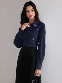 Heiryn Áo cánh đính đá trang trí thanh lịch dành cho nữ khi đi làm - Màu xanh hải quân - Xem 4