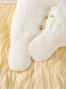 SHEIN Baby Girls' Sweater , Knitted Turtleneck Long Sleeve Jumpsuit With Footed, Comfortable For Autumn/Winter, Handmade Bow Design, Elegant & Fashionable, Yellow & Light Yellow, Suitable For Daily Wear, Indoor, Outdoor, Travel Fall - Apricot - View 8