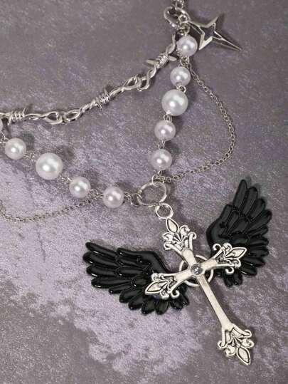 Goth Pearl Necklace With Creative Edgy Dark Style Cross Pendant Choker