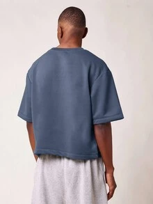 SUMWON Classic Oversized Short Sleeve T-Shirt Boxy Fit Premium Jersey Casual Street Style Regular Length Ribbed Neckline Plain - Dusty Blue - View 2