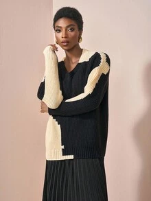 Zivah 2025 Autumn/Winter New Elegant Party, Formal Occasion, Daily, Date, Work Commute Versatile V-Neck Long Sleeve Loose Women Pullover Sweater Top - B - Black and White - View 4