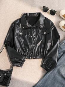 Girls' Oversized Turn-Down Collar Single-Breasted Casual Short Jacket Fall Winter - Black - View 2