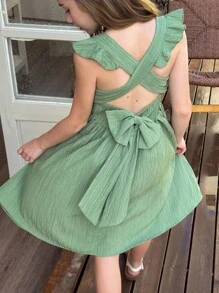 青少年女孩休闲优雅学院风连衣裙，绿色无袖纹理面料 A 字裙，蝴蝶结交叉肩带，适合户外、度假和上学，春夏季 - 綠色 - 查看 4