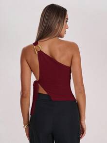 SHEIN BAE Women's Solid Color Asymmetric Shoulder Tie Strap Camisole,Red Top