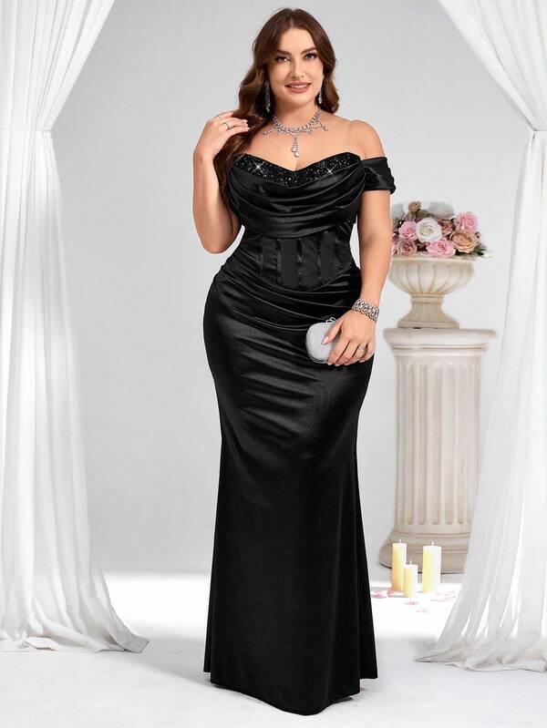Coutiva Plus Size Sequin Patchwork Off Shoulder Formal Evening Gown Black Formal Evening Gown Off Shoulder Formal Dress Black Long Formal Dress Black Satin Dress Black Bridesmaid Dress  Luxury Evening Gown, Sequin And Pearl Cuff Design, Elegant Party Dress For Ladies, Long Sleeve Formal Dress, For Wedding Guest, Graduation, Dinner