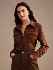 Anewsta 女士优雅领长袖口袋衬衫，拉绒棕色上衣 - 棕色 - 查看 4