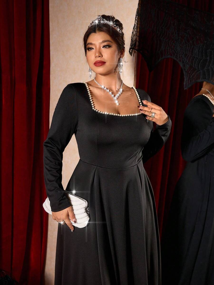 Elenzga Plus Size Women Pearl Decor Square Neck Long Sleeve Elegant Party Dress Fall Cloth For Women - Black - View 1