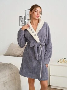 EURMUSE Women Plus Curve Plush Contrast Colour With Embroidery Detail Homewear Robe Robes For Women Fluffy Sleep Robe Women Plush Robe Robes For Women Winter - Grey - View 4
