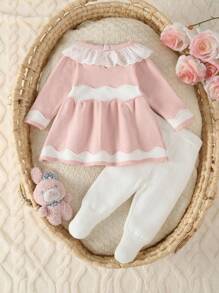 SHEIN 2 件套女婴针织毛衣套装，优雅粉色长袖套头毛衣 + 配套针织裤，舒适的服装适合秋冬季，适合休闲、居家、户外和旅行