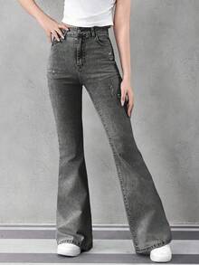 Sparklyn 少女休闲时尚百搭水洗浅蓝色喇叭牛仔裤 - 深灰色 - 查看 6