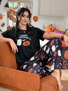 SHEIN Halloween Element Print Plus Size Knit Short Sleeve Pajama Set - Black - View 3